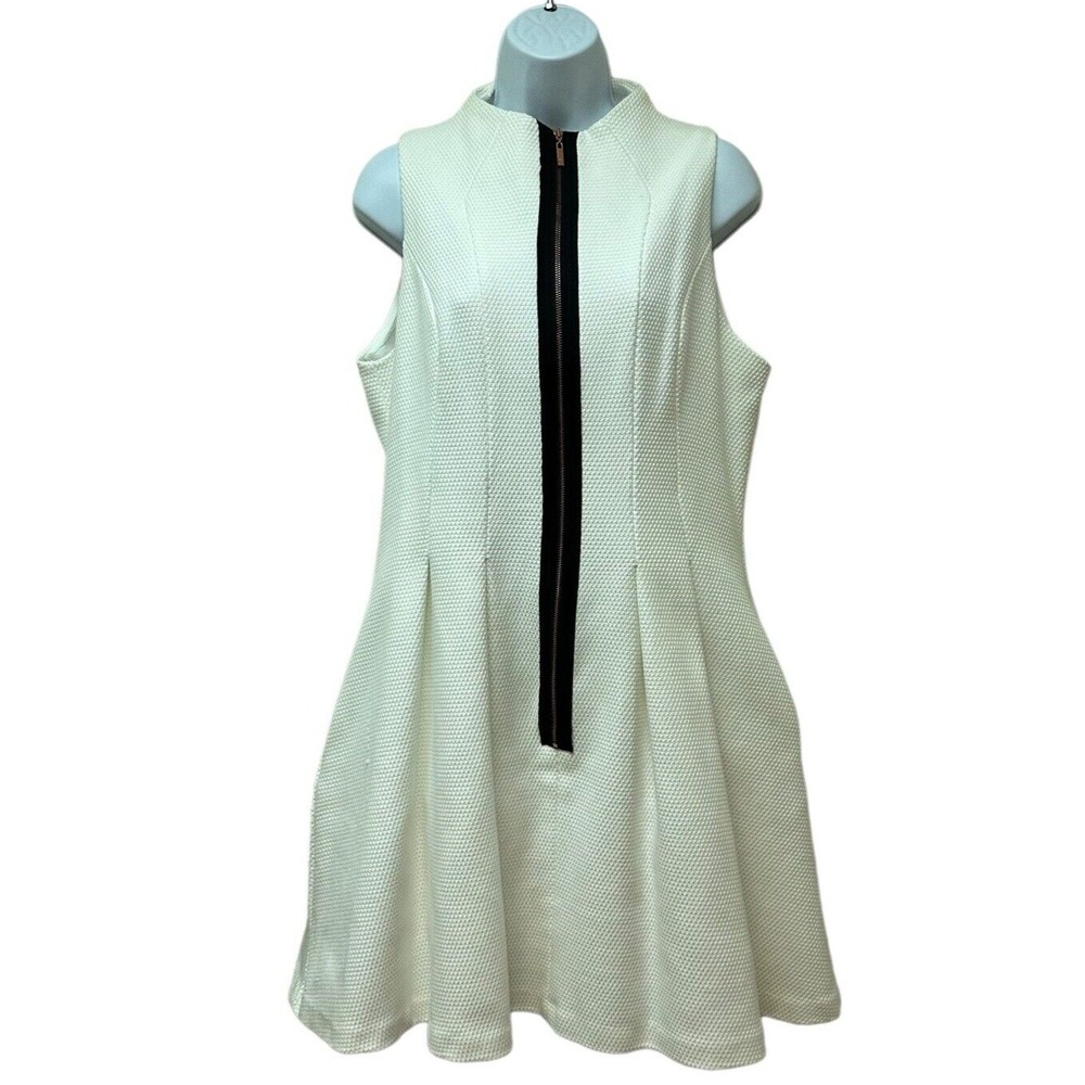 Cue White Zip Front High Neck Dress Full Tulle Skirt Size 14 Italian Fabric NEW